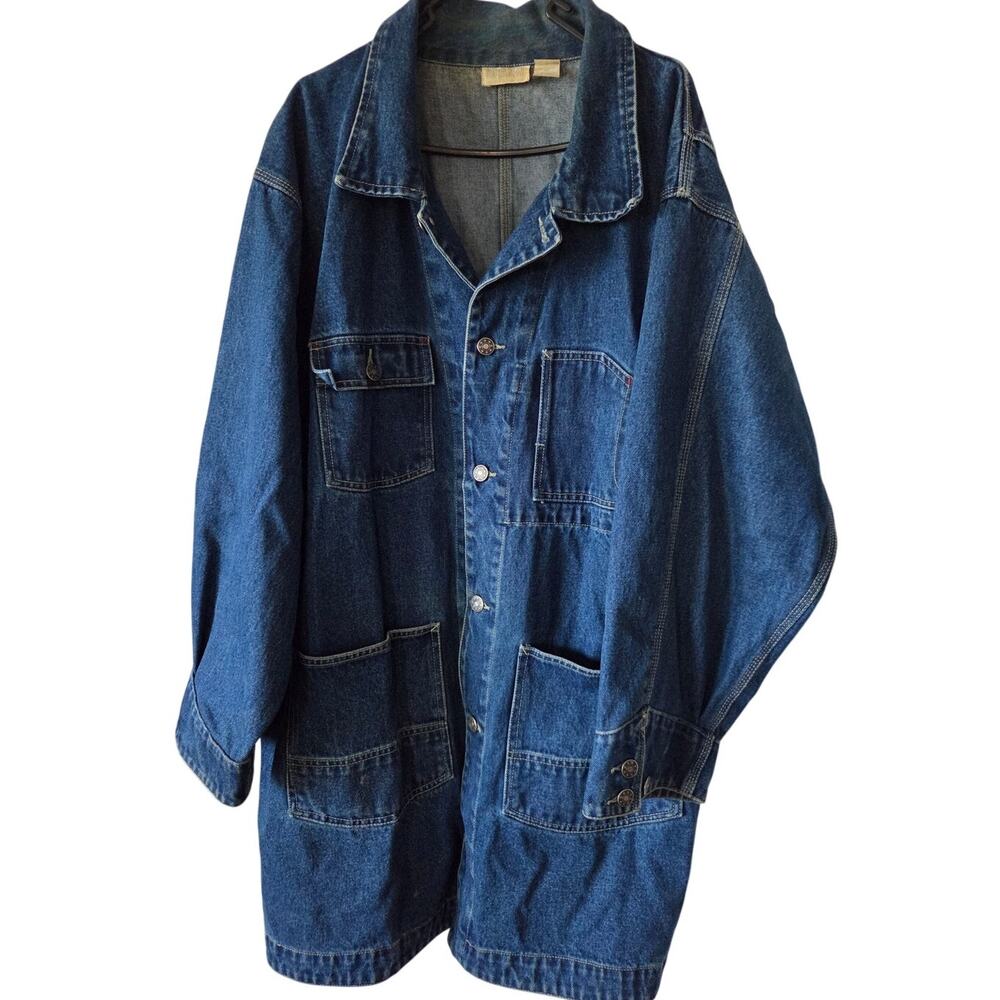 Vtg King Size 2XL Long Denim Chore Barn Coat Jean Jacket Pockets Blue